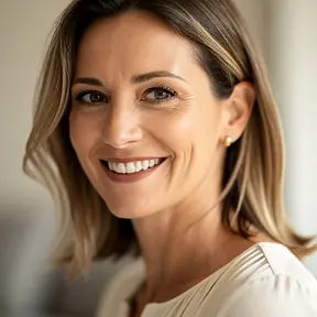 Professional headshot of a French woman in her early 40s, natural light, soft neutral background, warm and genuine smile, lifestyle portrait, shallow depth of field, elegant and minimal style, high resolution
