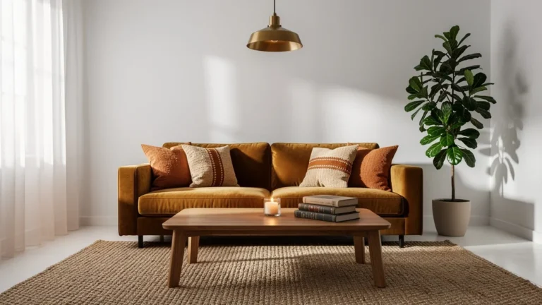 Salon chaleureux et convivial avec murs blancs et décoration aux tons chauds