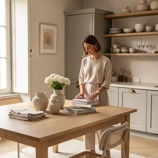 French interior designer woman in a warm and elegant kitchen, arranging decorative elements on a wooden table, soft natural light, neutral tones, cozy and refined atmosphere, realistic interior photography, high resolution
