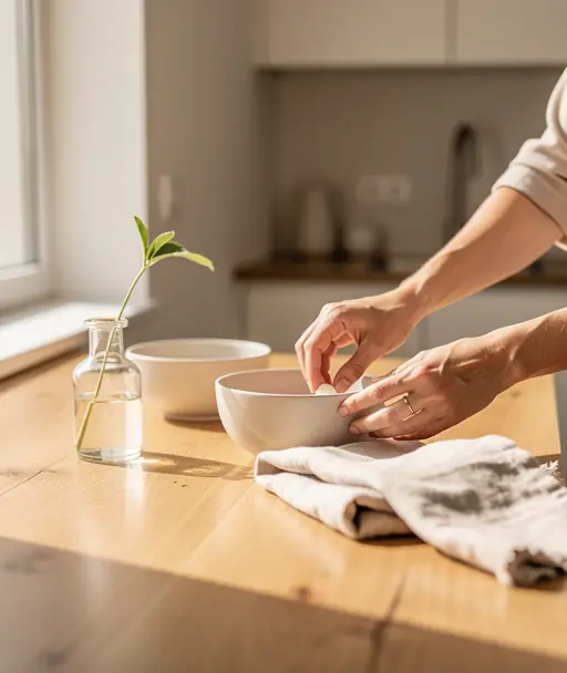 Close-up of hands arranging decorative elements on a wooden kitchen counter, warm natural sunlight, neutral tones, minimalist and elegant interior design, realistic photography, high resolution
