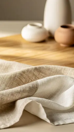 Close-up of natural materials in interior design, linen fabric, light wood texture, ceramic decor pieces, soft daylight, minimalist and elegant styling, shallow depth of field, high resolution
