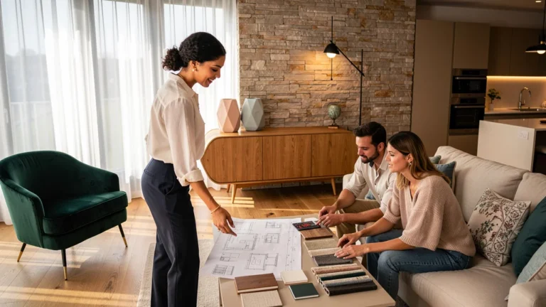 Salon moderne en pleine décoration d’intérieur sur mesure avec designers et couple en 8K ultra-réaliste