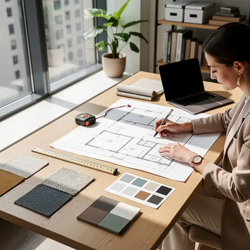 Interior designer working on home layout plans at a wooden desk, sketches, fabric samples and color palette on the table, bright studio environment, elegant and professional atmosphere, realistic photography, high resolution
