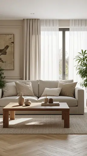 Modern French family living room designed by an interior expert, warm neutral palette, textured cushions, wooden coffee table, natural light through large windows, harmonious and inviting atmosphere, high resolution
