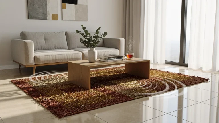 Salon carrelé transformé avec un tapis texturé améliorant l'acoustique sèche et l'ambiance chaleureuse