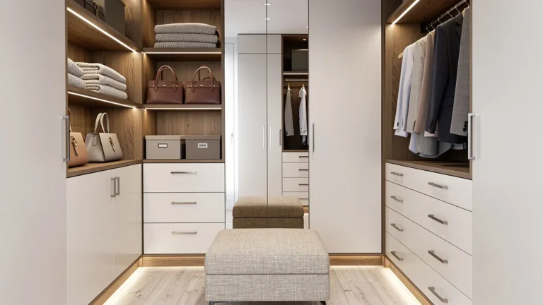 Dressing walk-in de 4 m2 avec implantation en U, rangement optimisé et design moderne