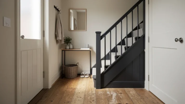 Escalier peint en 2 tons transformant une entrée de 3 m2, intérieur réaliste et lumineux