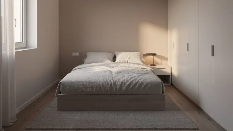 Chambre parentale de 11 m2 avec lit proportionné et aménagement optimisé, photo réaliste