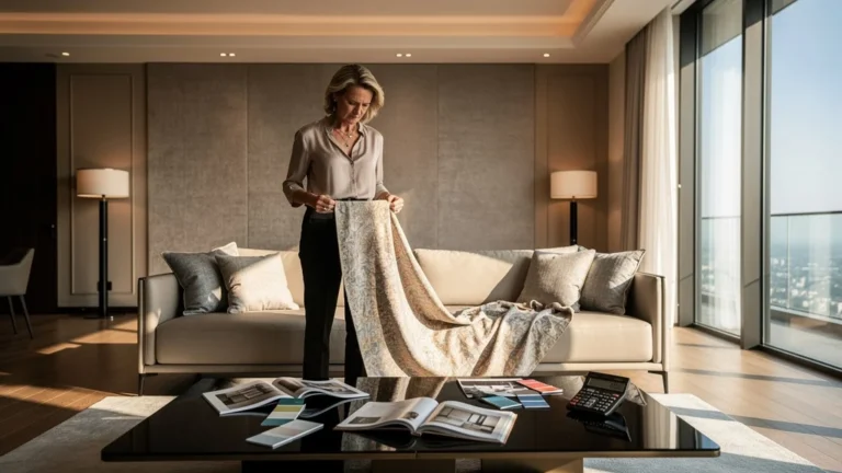 Femme déçue vérifiant un tissu délavé par la lumière naturelle lors d'une erreur coûteuse en décoration