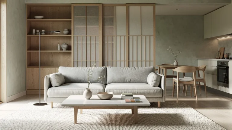 Intérieur japandi de 65 m2 avec palette Farrow & Ball revisitée, ambiance minimaliste et chaleureuse