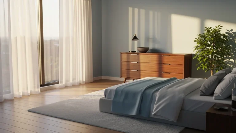 Chambre lumineuse après avoir déplacé un meuble, lumière naturelle améliorée et ambiance apaisante