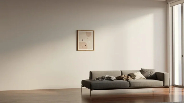 Cadre trop petit accroché sur un grand mur, créant un déséquilibre visuel frappant dans un salon moderne