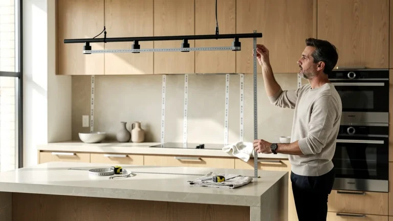 J'ai teste 4 hauteurs de suspension bar sur plan de travail 91 cm, cuisine moderne en photo réaliste