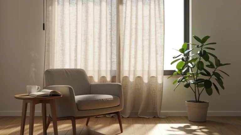 Salon baigné de lumière filtrée par des rideaux en lin brut, ambiance chaleureuse et naturelle