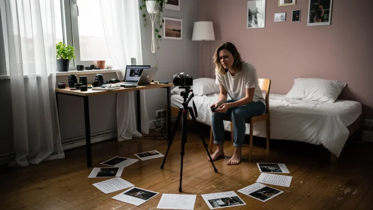 Intérieur réaliste d’un studio de 25 m² avec une femme testant la technique du point focal unique en photographie