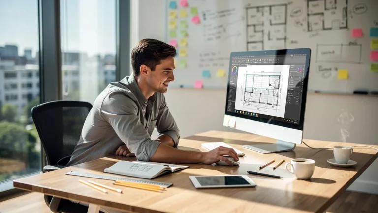 Travail sur logiciel de plan 2D gratuit pour préparer un projet client dans un bureau moderne et lumineux