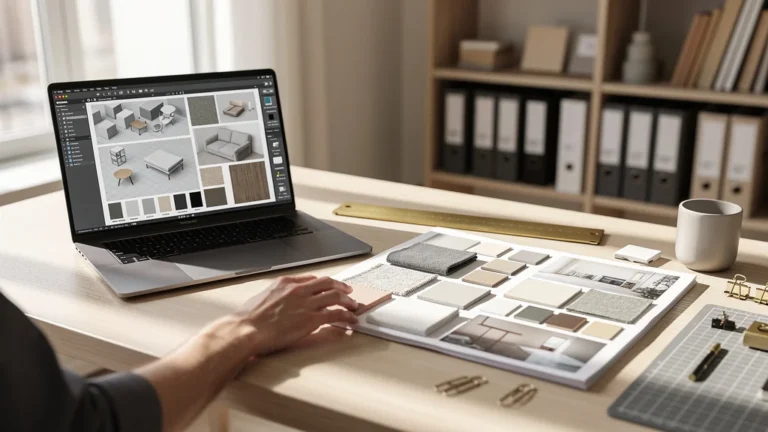 Moodboard 3D SketchUp et moodboard physique A2, comparaison design intérieur en ordre
