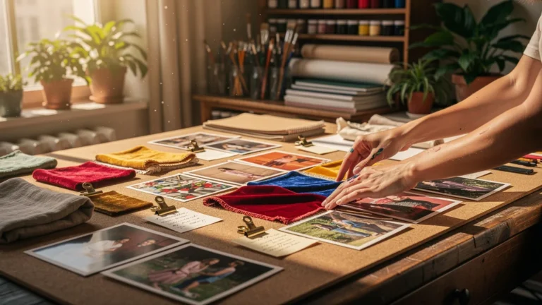 Espace de travail avec moodboard physique organisé pour gagner du temps dans un projet créatif