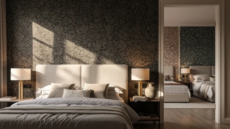 Papier peint Cole and Son dans trois chambres avec tête de lit élégante, intérieur déco réaliste