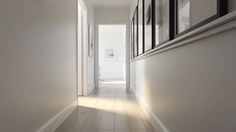 Cimaise IKEA avec 8 cadres dans un couloir étroit de 80 cm, ambiance galerie déco