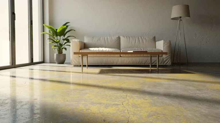 Béton ciré jauni par exposition lumineuse dans un intérieur moderne minimaliste