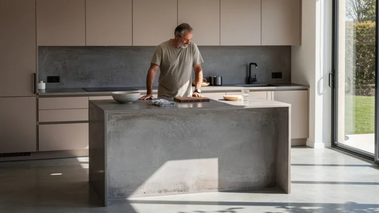 Cuisine en béton ciré haut de gamme, lumière révélant les défauts, pour l'article sur le béton ciré à 8 200 euros