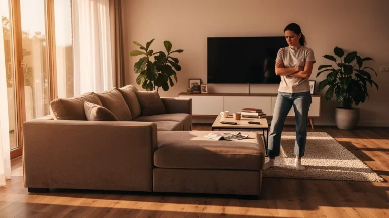 Salon avec canapé d’angle mal placé bloquant la circulation, illustration réaliste du mauvais aménagement