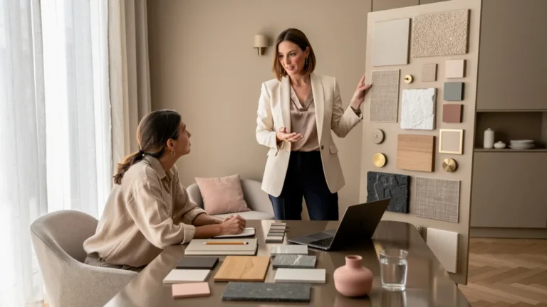 Hélène et une décoratrice devant un mood board, abandonnant le rose millennial pour des tons neutres
