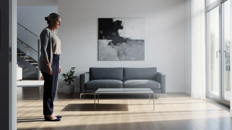 Femme dans un salon minimaliste et vide réalisant que son espace manque de vécu chaleureux