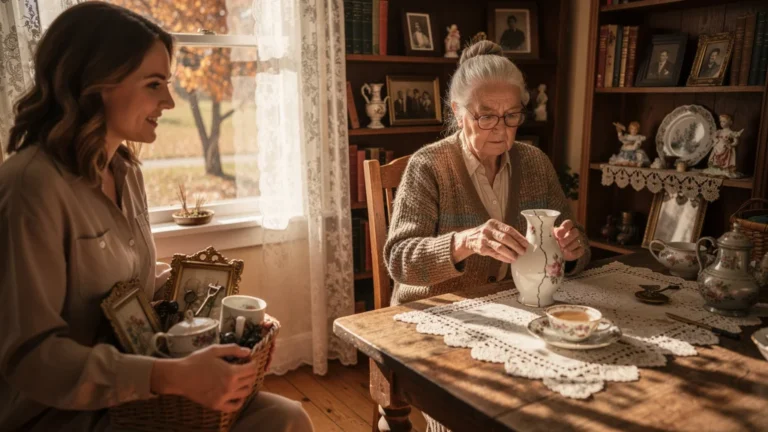 Portrait photo hyper-réaliste d’une grand-mère chinant, inspirant la décoration vintage et héritage familial