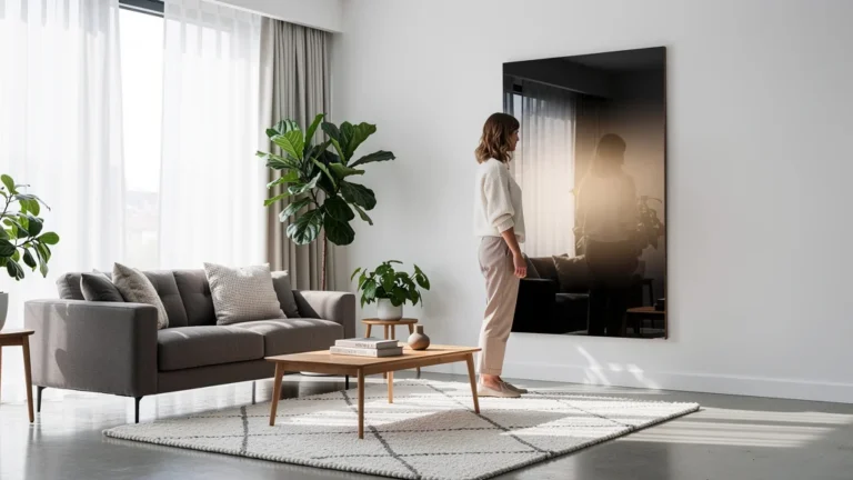 Appartement moderne transformé par un miroir fumé changeant la perception des volumes