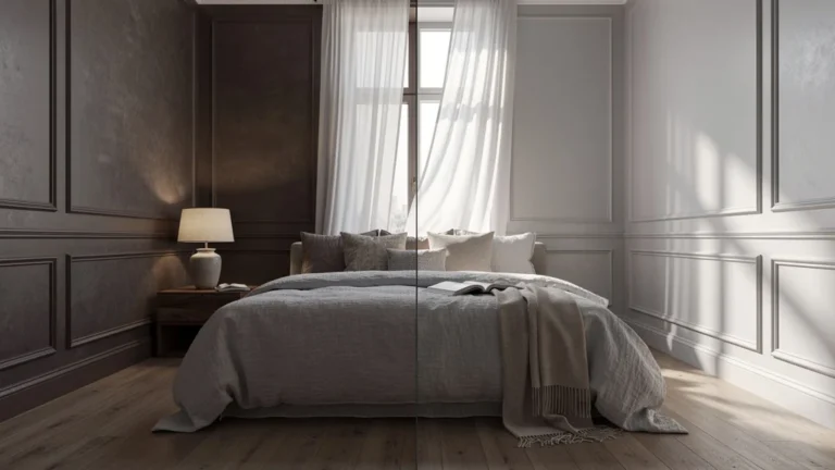 Chambre parentale comparant les peintures Farrow & Ball et Seigneurie, ambiance déco réaliste
