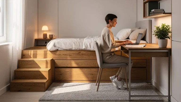 Studio 28 m2 avec estrade bureau-chambre optimisée, design intérieur réaliste après trois projets