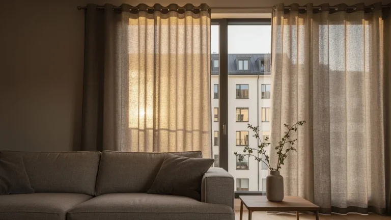 Rideaux en lin thermique dans un intérieur lumineux avec vis-à-vis, ambiance chaleureuse et moderne