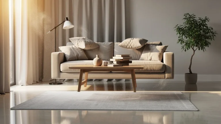 Salon flottant sans tapis 240x170, image réaliste pour retour d’expérience après deux semaines