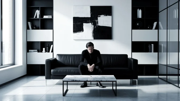 Personne en total look noir et blanc dans un intérieur froid sans touches naturelles, ambiance austère