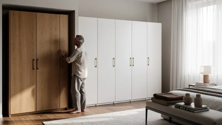 Armoires sur mesure face aux IKEA PAX alignées dans une chambre design, comparaison visuelle réaliste