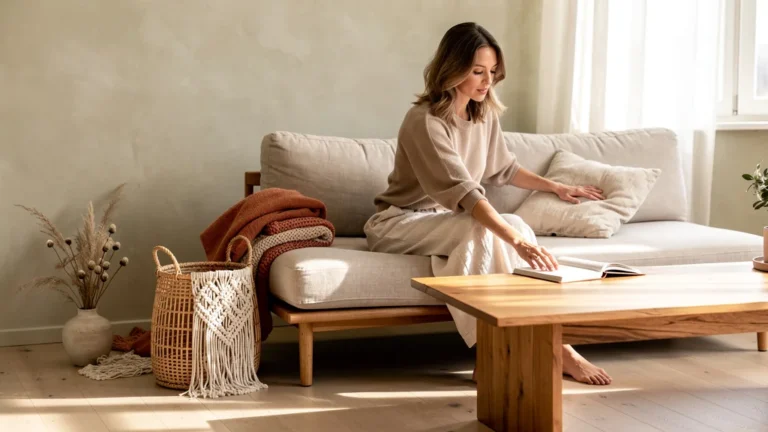 Intérieur japandi minimaliste avec touches boho, illustrant pourquoi je préfère le style japandi en 2026