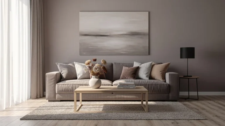 Salon peint en taupe doux aux teintes sourdes, ambiance calme et élégante pour un espace de vie chaleureux