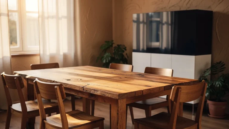 Intérieur chaleureux avec table en bois brut naturel contrastant avec mobilier laqué trop brillant