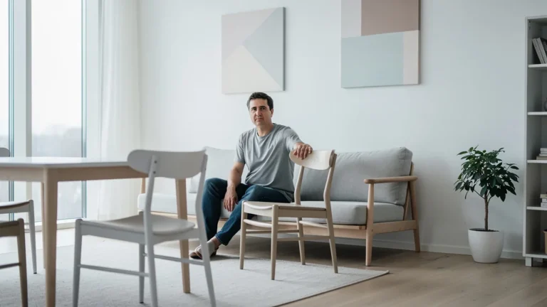 Personne réfléchissant à l’uniformité excessive du style scandinave après avoir retapé ses meubles