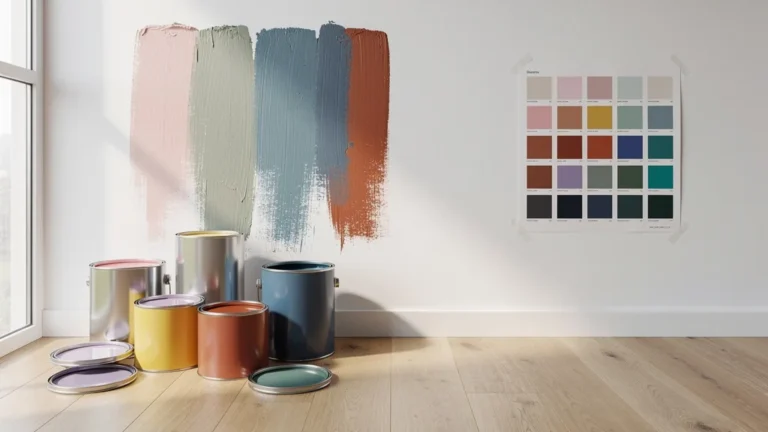 Test d'échantillons de peinture en pot versus nuancier sur un mur blanc intérieur lumineux