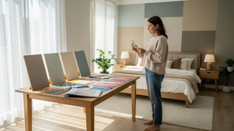 Test nuancier Pantone avec plaques peintes pour choisir couleur chambre parentale moderne et lumineuse