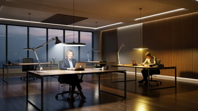 Bureau transformé par la lumière artificielle zonée, ambiance chaleureuse et productive