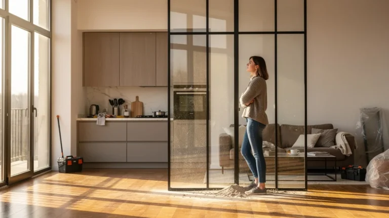Intérieur moderne avec verrière entre cuisine et salon illustrant transformation et complexité