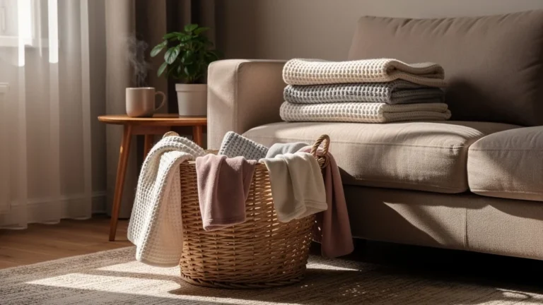 Coin canapé cosy avec plaids pliés et un panier en osier transformant l’espace déco et rangement