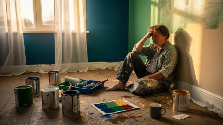 Personne fatiguée dans un salon avec trois murs fraîchement peints aux couleurs variées après une erreur d’échantillon