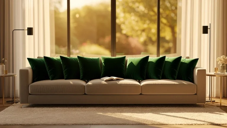 Salon moderne avec tous les coussins assortis au même tissu vert, symbolisant un regret déco