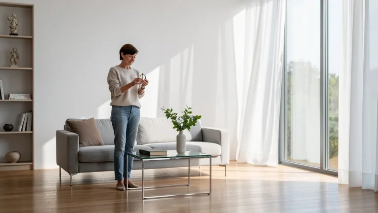 Salon minimaliste après deux semaines sans objets inutiles, ambiance épurée et lumineuse