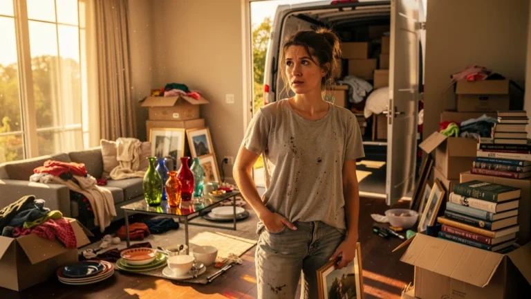 Femme réalisant l'accumulation d'objets disparates lors d'un déménagement chaotique en lumière naturelle